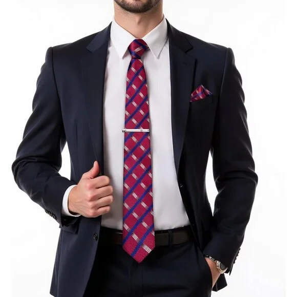 🆕Men Red Plaid Silk Checkered Necktie Pocket Square Cufflinks Tie Clip Set